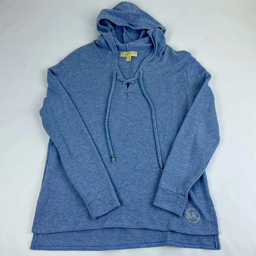 Michael KORS Hooded Sweater. Denim Blue Lace Up Neck Line. Hi-Lo Hem. Large.
